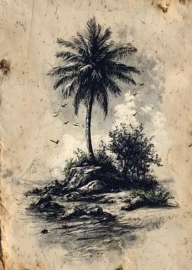 Palm Tree Island Vintage Sketch