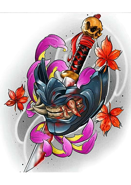 Samurai Mask, Sword, and Floral Tattoo