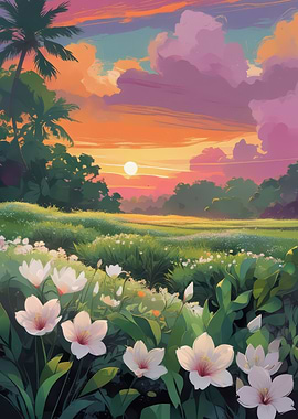 Tropical Sunset Floral Landscape Painting