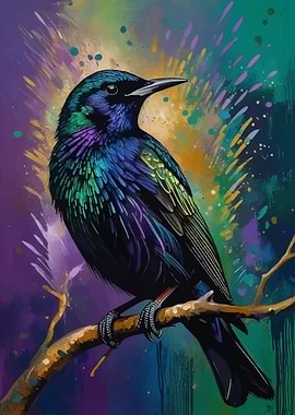 Colorful Starling Bird on Branch Painting