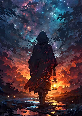 Hooded Figure with Lantern in Fantasy Landscape