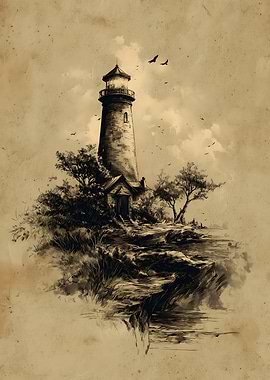 Vintage Lighthouse on Cliffside Illustration