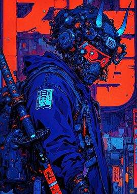 Cyberpunk Samurai with Oni Mask