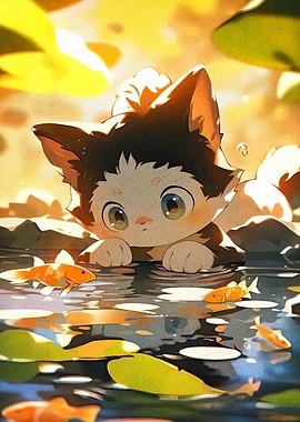 Cute Kitten and Koi Pond Illustration
