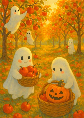 Cute Halloween Ghosts in Autumn