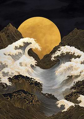 Golden Moon Over Ocean Waves Art
