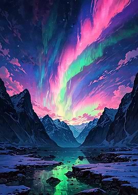 Aurora Borealis Over Mountain Lake