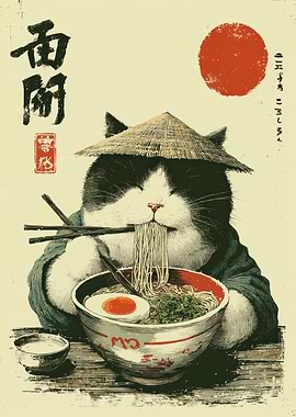 Cat eating ramen with a hat
