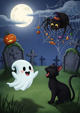 Halloween Cartoon with Ghost, Cat, and Spider