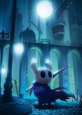 Hollow Knight in Rainy Cityscape