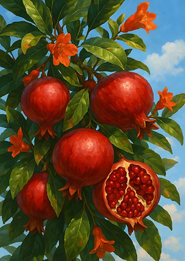 Pomegranate Tree with Fruit and Flowers