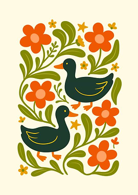 Ducks and Flowers Illustration
