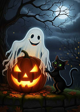 Halloween Night: Ghost, Pumpkin, and Cat