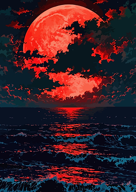 Red Moon Over Ocean