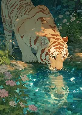 Tiger Drinking Water in Floral Setting