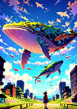 Flying Whales Over Cityscape