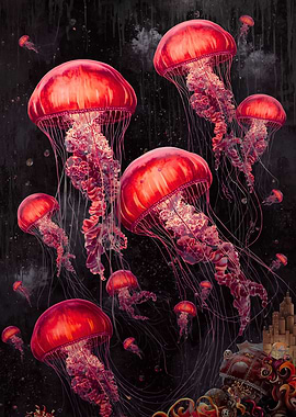 Crimson Jellyfish in Dark Ocean Depths
