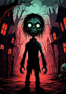 Cartoon Zombie in a Spooky Town