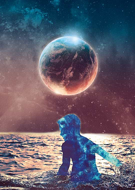 Boy in Ocean with Planet Above