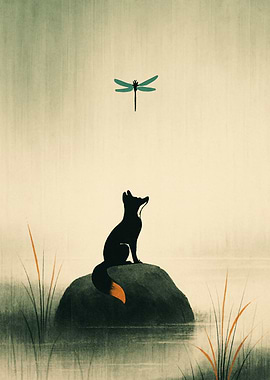 Fox and Dragonfly Minimalist Art