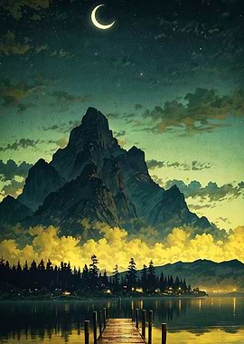 Mountain Lake Night Moon