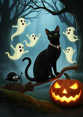 Halloween Cat with Ghosts and Pumpkin