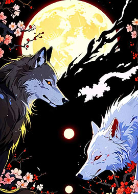 Wolves Moonlit Cherry Blossoms