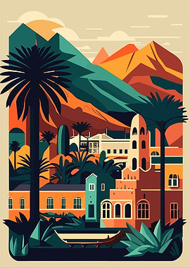 Colorful Tropical Cityscape Illustration
