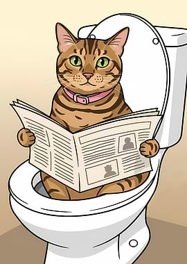 Cat reading newspaper on the toilet