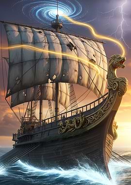 Fantasy Ship with Lightning and Portal