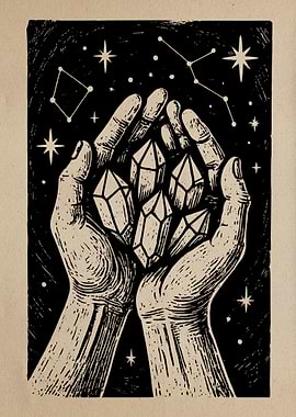 Hands Holding Crystals in Starry Sky