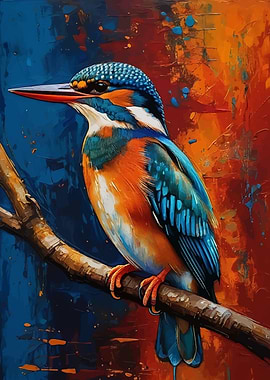 Colorful Kingfisher Bird on Branch Painting
