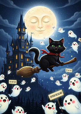 Halloween Night: Cat, Ghosts, and Moon