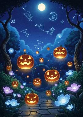Halloween Night Garden with Glowing Pumpkins