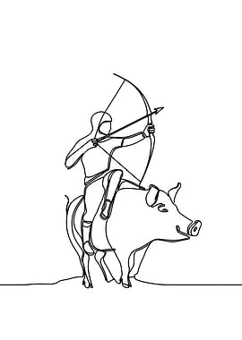Archer Riding Pig Minimalist Line Art