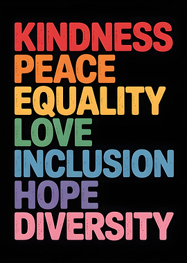 Kindness, Peace, Equality, Love, Inclusion, Hope, Diversity