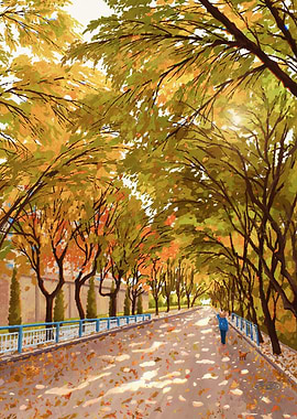 Autumn Road with Person and Dog