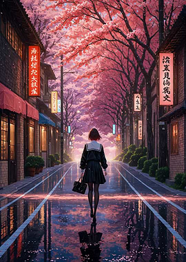 Anime Girl Walking in Cherry Blossom Sakura Street Japan