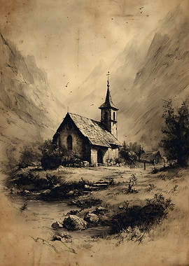 Vintage Church in Mountain Landscape Drawing