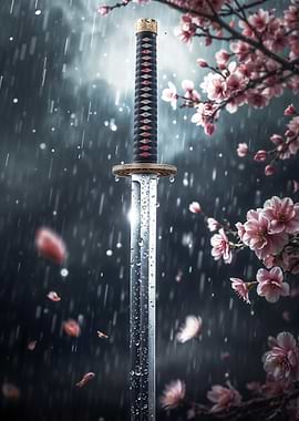 Katana in Rain with Cherry Blossoms