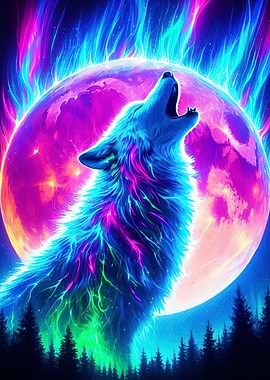 Neon Wolf Howling Moon