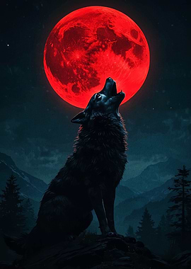 Wolf Howling at Red Moon