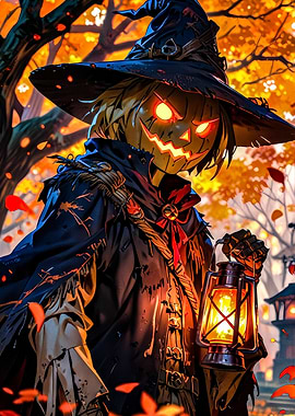 Halloween Scarecrow with Lantern in Autumn