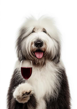 Old English Sheepdog with Wine Glass