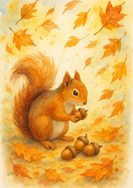 Watercolor Squirrel with Acorns and Autumn Leaves