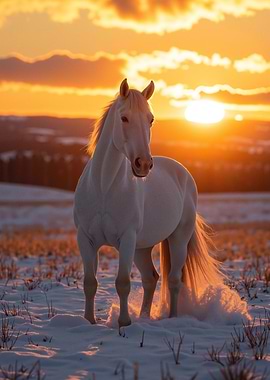 White Horse at Sunset in Snow