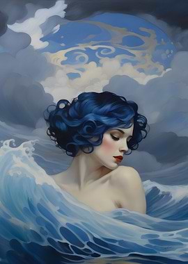 Woman in Waves, Blue Hair, Dreamy