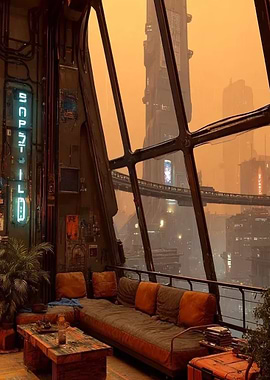 Cyberpunk Apartment Overlooking Futuristic Cityscape