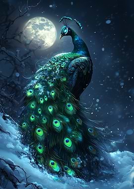 Peacock in Winter Moonlight