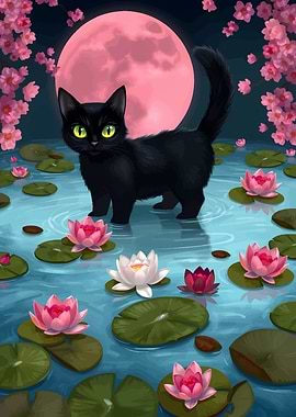 Black cat in a lily pond
